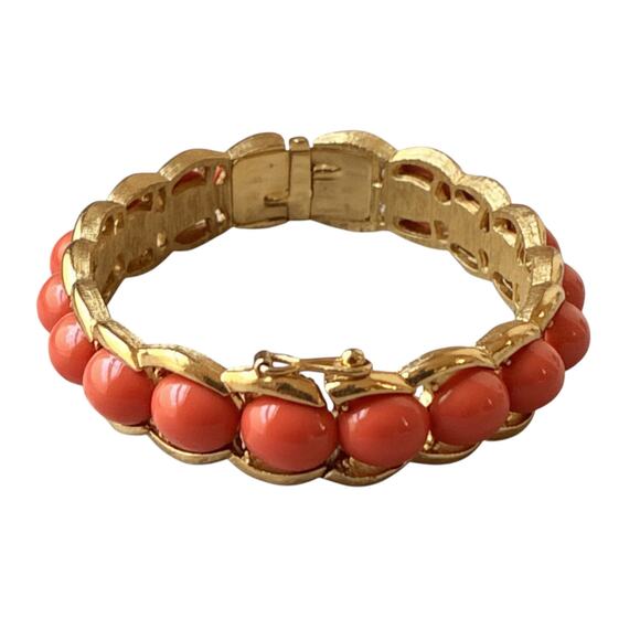 Vintage Crown Trifari Faux Coral and Gold-Plate Hinged Clamper Bracelet - Picture 2 of 6
